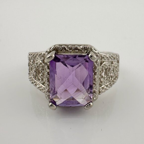 Beautiful Emerald Cut 2.25 Carat Amethyst Ring - Sterling w Diamond Accent Size - Picture 12 of 16